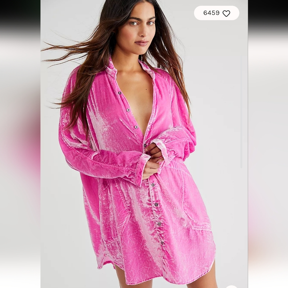Free People Pink Velvet Button Down Summer Daydream Tunic Top Sz S